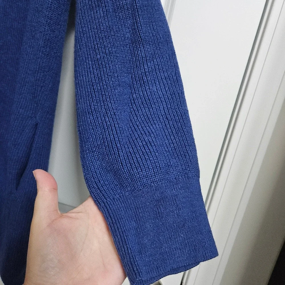 Lululemon Ribbed Long Wrap Cardigan Women 4 Blue‎ Merino Wool Blend Open Pocket